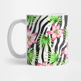 Pink Lilies and Palm Leaves on Zebra Striped Background Mug